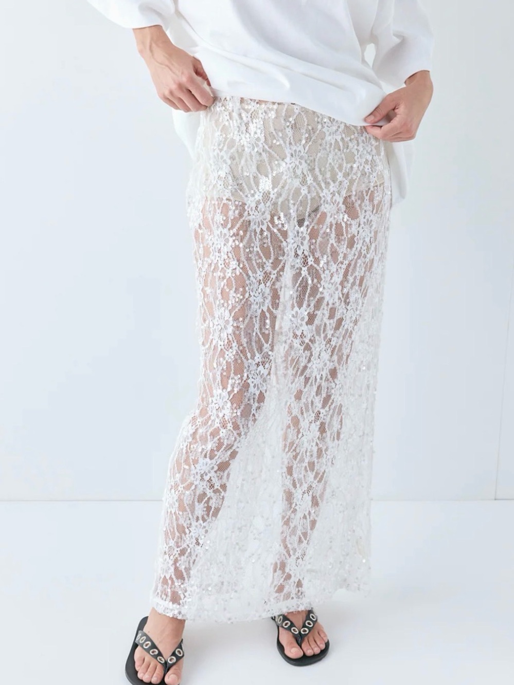 VRG GRL Devyn White Lace Maxi Skirt - Sheer Lacey Overlay